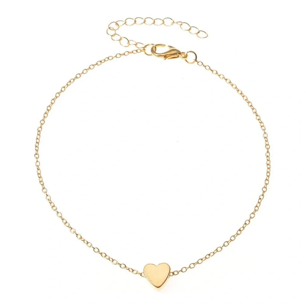 Gold Tone Heart Charm Anklet Bracelet – Adjustable Delicate Chain